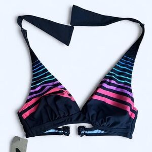 Black and Multi Coloured Striped Bikini Top Preppy Cute Summer Swim Top